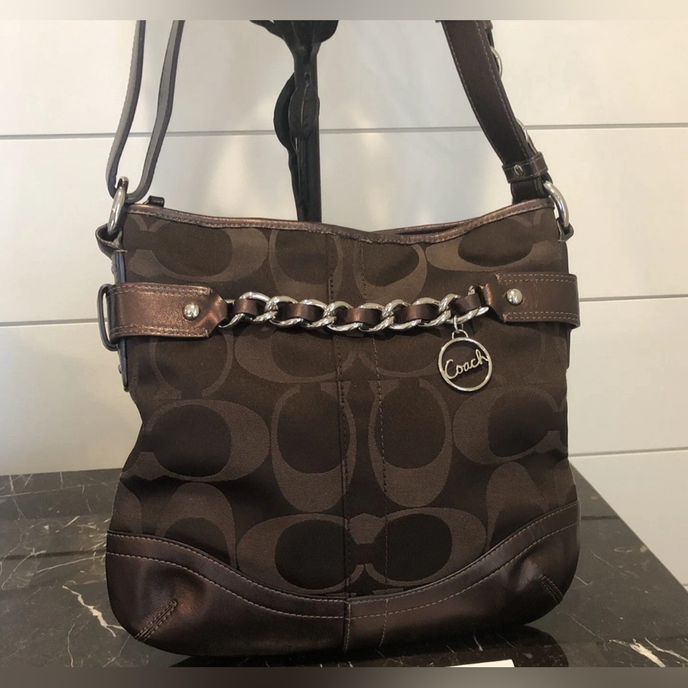 COACH Chocolate Brown Signature Optic Metallic Chain  shoulder or crossbody